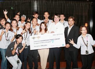 It was a time for celebrations as a huge cheque amounting to 32,800 baht was presented to Praichit Jetpai (centre), Chairwoman of the Y.W.C.A. Bangkok Pattaya Center. The funds were raised at the Schubertiade Charity Concert held at the Hard Rock Hotel recently. The event was hosted by Hard Rock Hotel Pattaya together with Pattaya Mail Media Group, New Frontier Music Academy and BBX. On hand to make the presentation were Patrick Ng, Executive Assistant Manager of Hard Rock Hotel Pattaya, Tony Malhotra (2nd right), Assistant Managing Director of Pattaya Mail Media Group, and Laurie Muir (3rd right), International Business Development Manager of BBX.